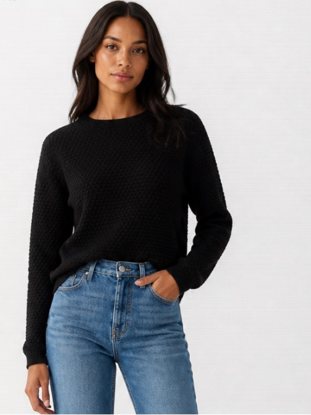 COS Sweater Pullover Cotton Black Textured Boxy Summer 3/4 Crewneck Medium